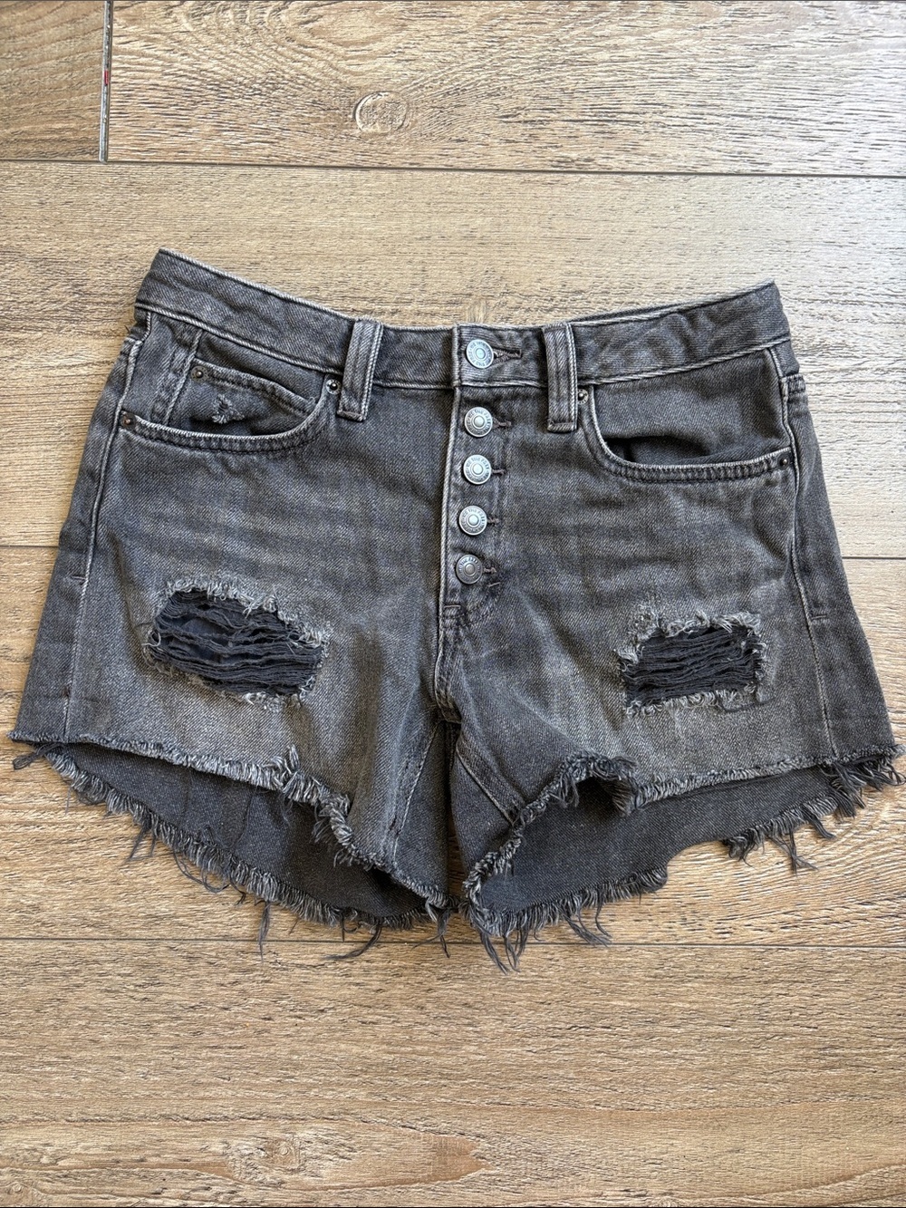 We The Free Distressed High-Rise Denim Jean Cutoff Shorts w Exposed Button Fly